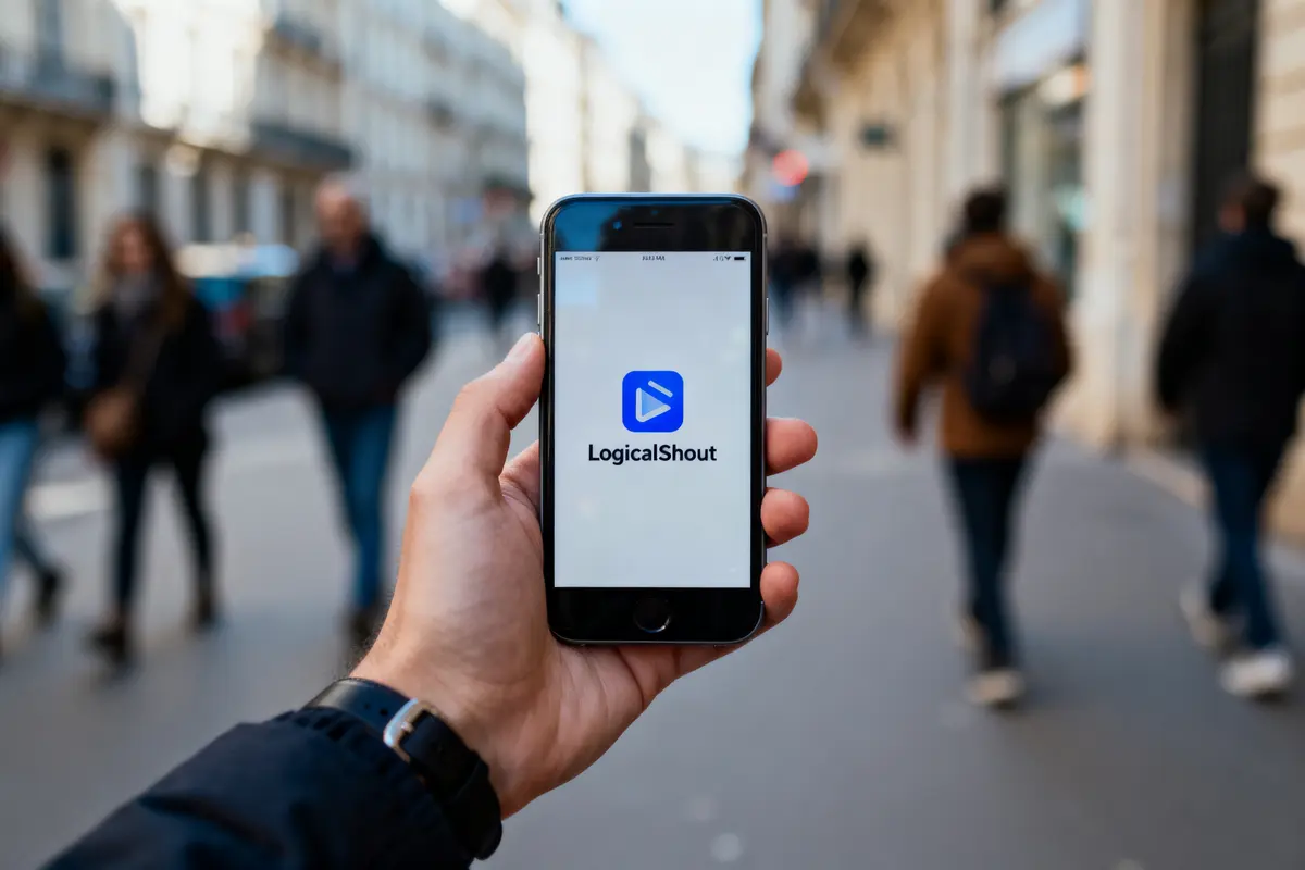 Main tenant un smartphone affichant le logo “LogicalShout” dans une rue animée.
