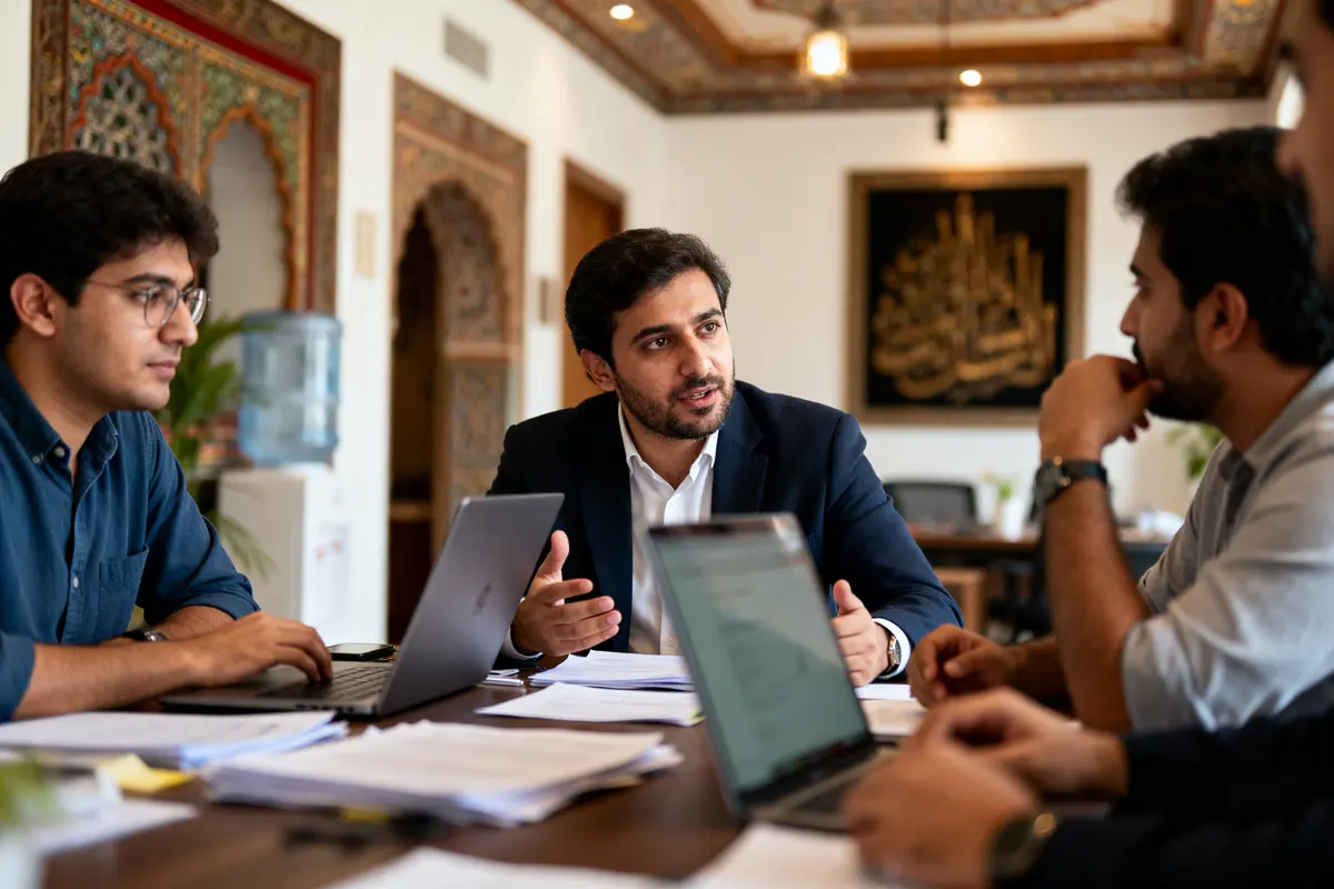 Quatre hommes discutent autour d'une table, ordinateurs portables ouverts, dans un bureau décoré de motifs orientaux.