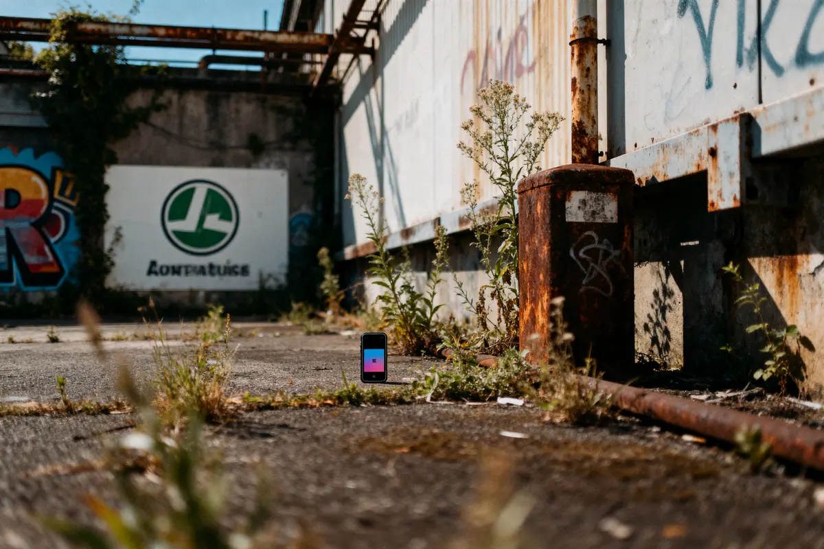 Téléphone sur sol urbain abandonné, graffitis, végétation, panneau et structure métallique rouillée.