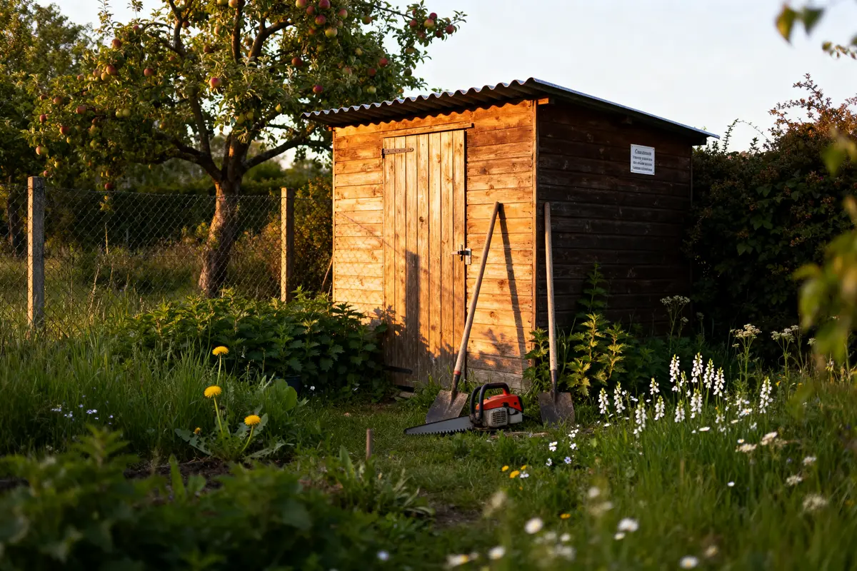 Cabane en bois dans un jardin, entourée d'herbes et d'arbres fruitiers sous la lumière du soir.