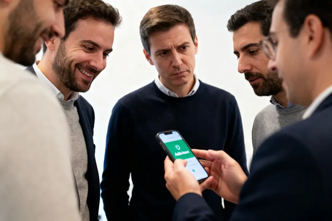 Cinq hommes en réunion regardent un téléphone portable avec application affichée sur l'écran.