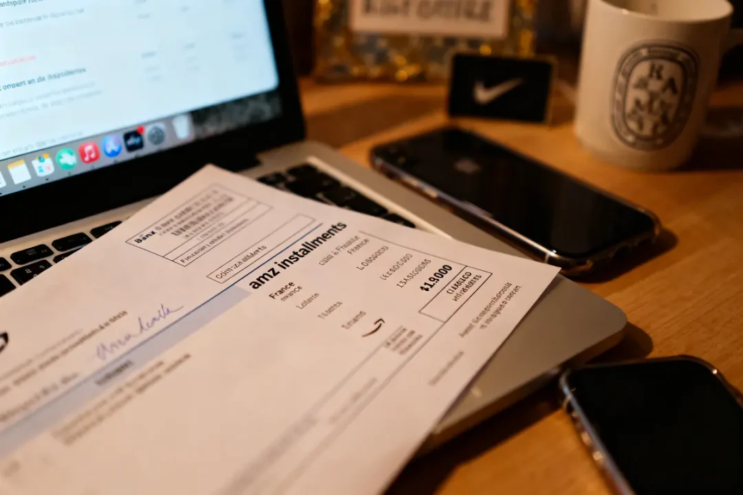 Documents posés sur un ordinateur portable, avec un smartphone et une tasse à proximité sur une table en bois.