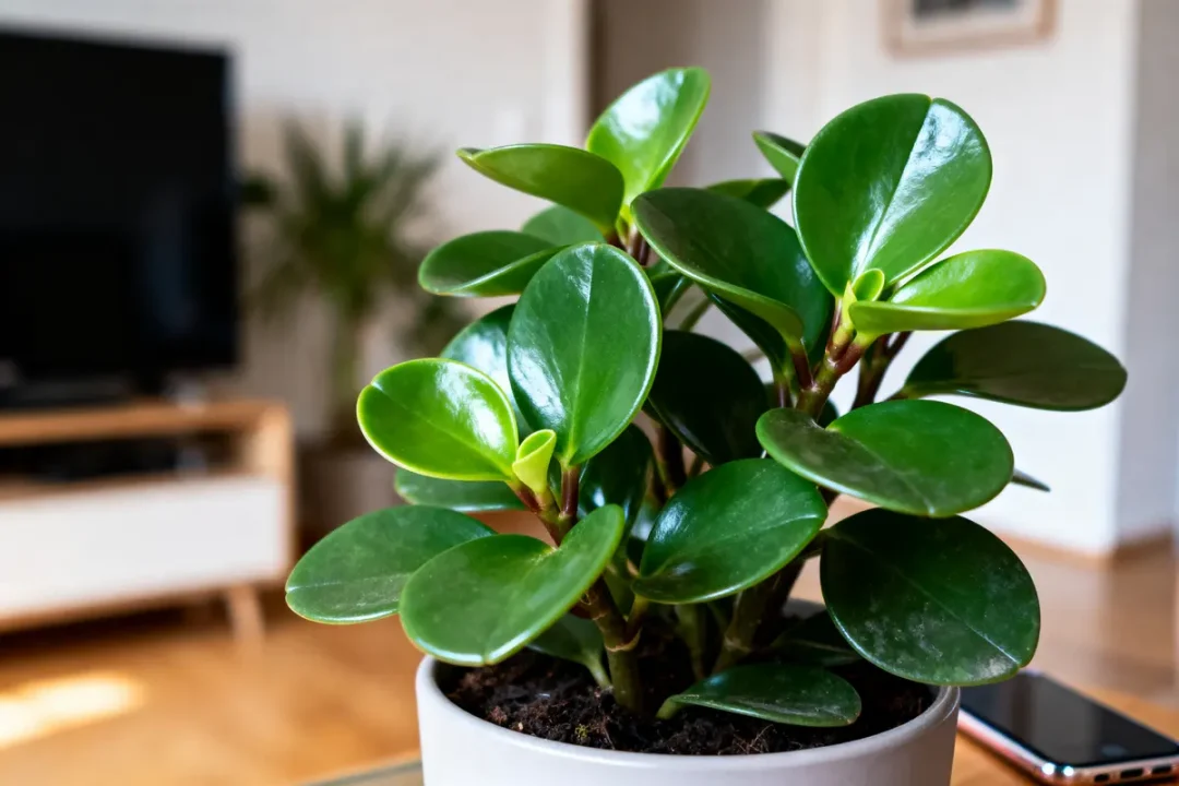 Plante d'intérieur verte en pot, feuilles brillantes, dans un salon avec télévision et smartphone en arrière-plan.