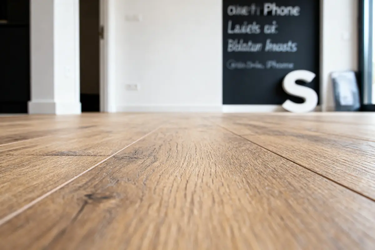 Plancher en bois, intérieur lumineux moderne, mur noir avec texte blanc, grande lettre "S" blanche.