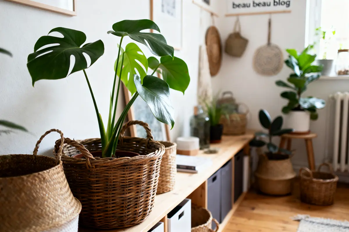 Plante Monstera dans un panier en osier sur une étagère, intérieur minimaliste et lumineux.