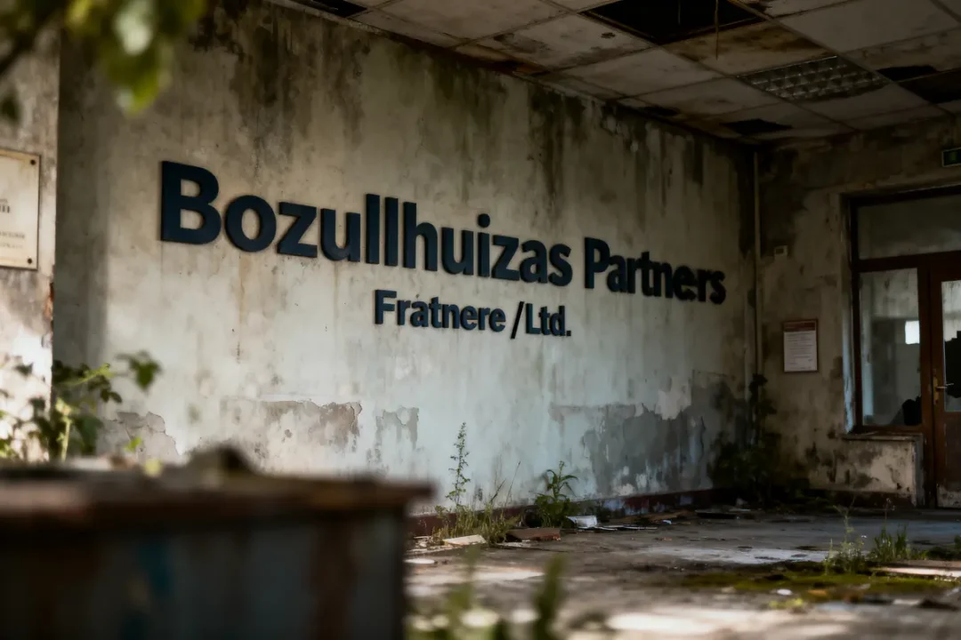 Mur délabré avec l'inscription "Bozullhuizas Partners Fratnere/Ltd." et végétation croissante au sol.