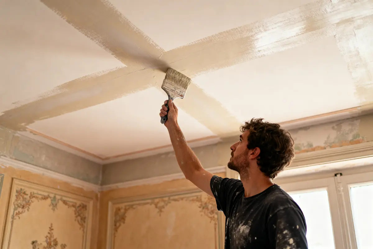 Homme peint un plafond avec un grand pinceau dans une pièce décorée de motifs floraux.