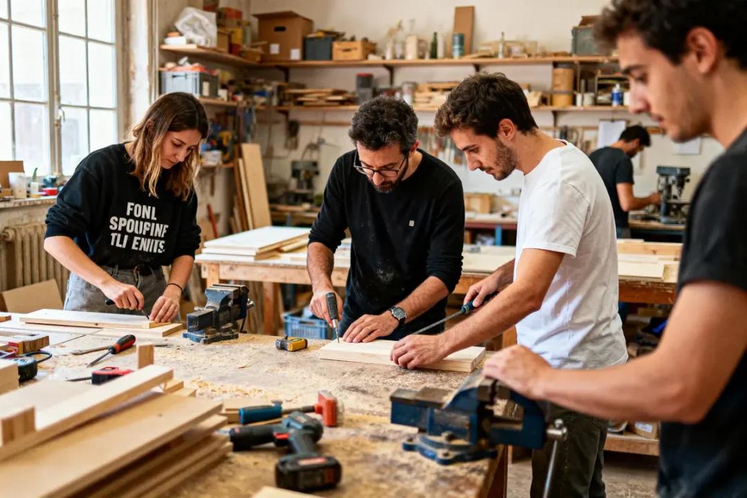 Quatre personnes travaillant sur des projets de menuiserie dans un atelier lumineux, entourées d'outils et de bois.