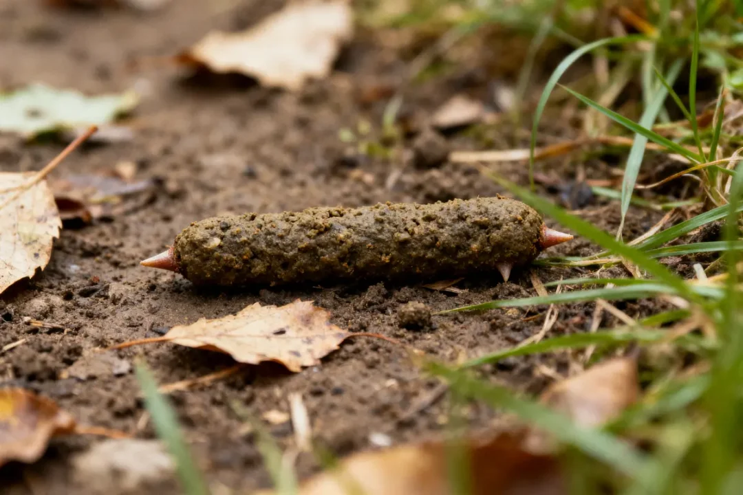 Crayon recouvert de terre posé sur sol terreux avec feuilles mortes et brins d'herbe.