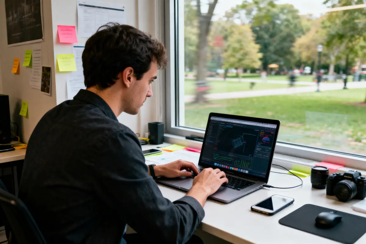 Homme travaillant sur un ordinateur portable devant une fenêtre, avec notes colorées et matériel photographique sur le bureau.
