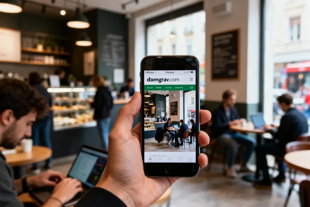 Personne tenant un smartphone affichant un site Web, dans un café avec des gens travaillant sur des ordinateurs portables.