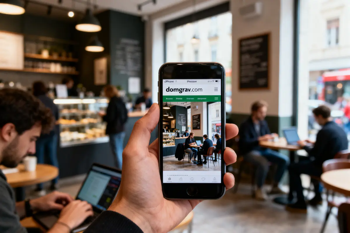 Personne tenant un smartphone affichant un site Web, dans un café avec des gens travaillant sur des ordinateurs portables.