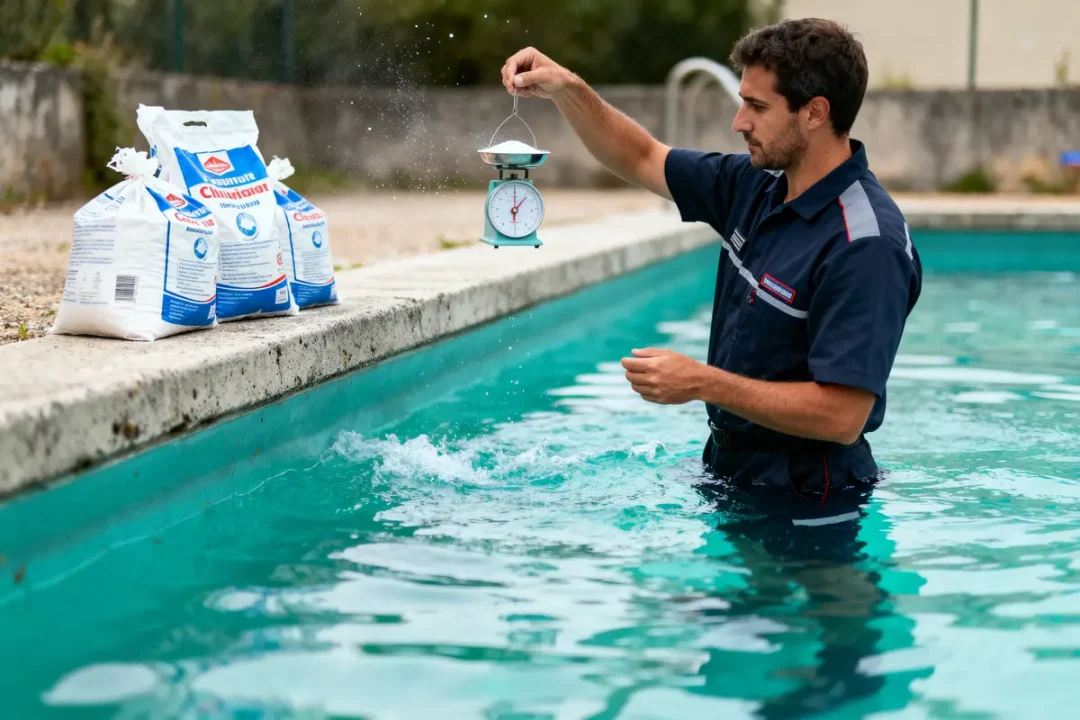 Homme testant piscine, tenant balance. Sacs de chlore posés au bord. Eau bleu-vert. Tenue de travail.