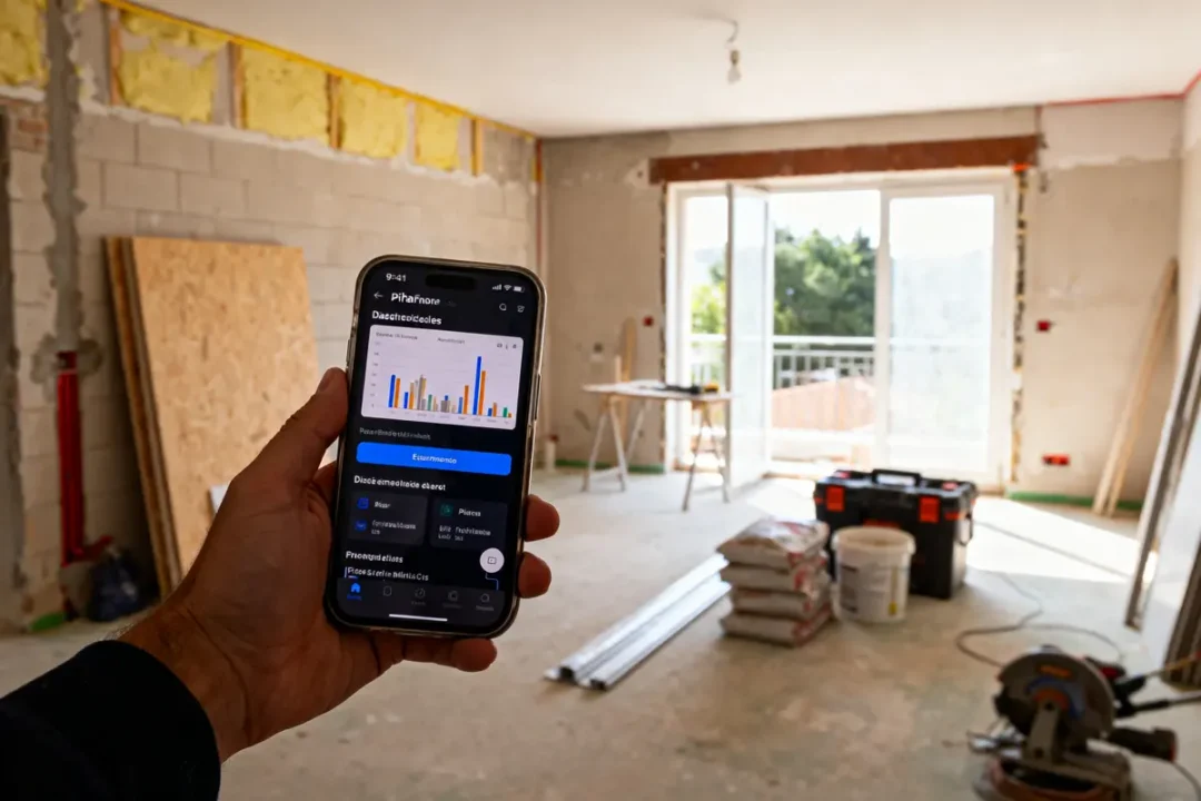 Smartphone affichant un graphique devant une pièce en rénovation avec outils, matériaux et lumière naturelle.