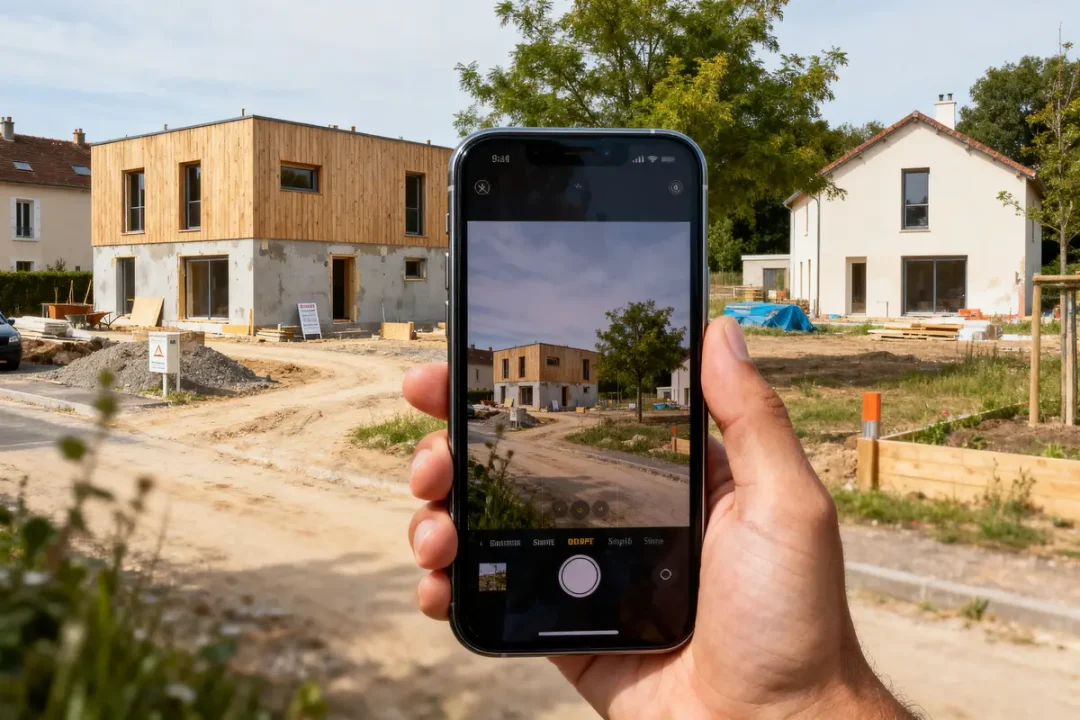 Maison en construction photographiée avec un smartphone dans un environnement résidentiel ensoleillé, travaux en cours.
