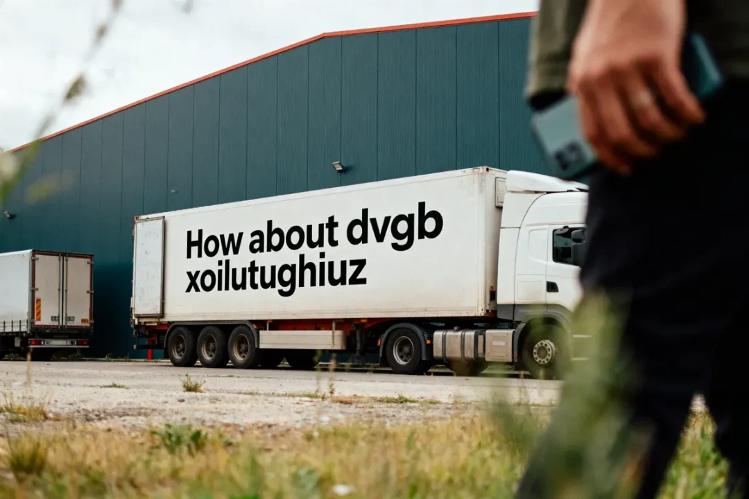 Camion blanc avec texte bizarre stationné devant grand bâtiment industriel, personnage flou en premier plan.
