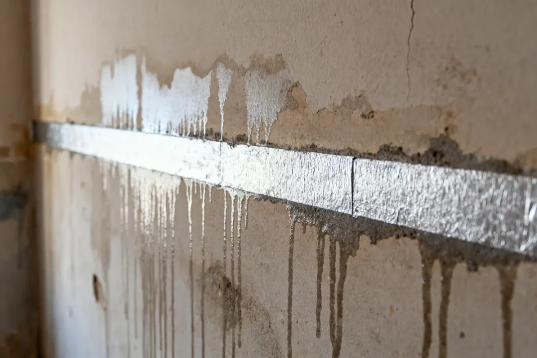 Mur humide avec traces d'humidité et bande métallique horizontale réfléchissante.