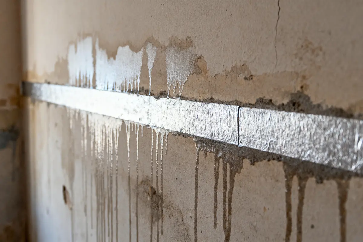 Mur humide avec traces d'humidité et bande métallique horizontale réfléchissante.
