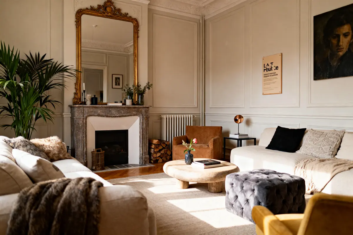 Salon élégant avec cheminée, miroir doré, meubles modernes, plante verte, et lumière naturelle. Ambiance chaleureuse et raffinée.