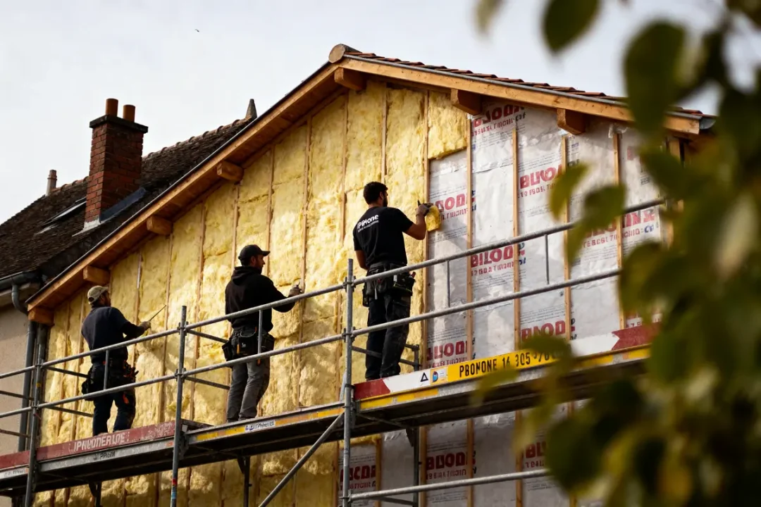 Travailleurs isolant une maison sur échafaudage avec laine jaune et revêtement extérieur en panneaux réfléchissants.