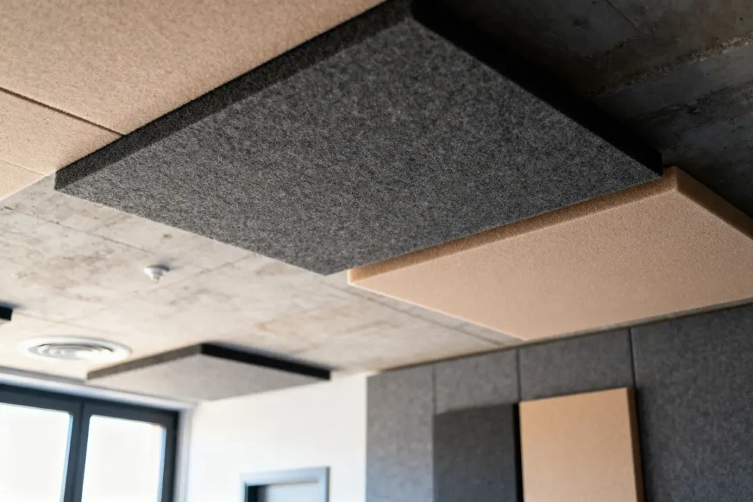 Panneaux acoustiques en feutre gris et beige sur plafond de béton moderne.