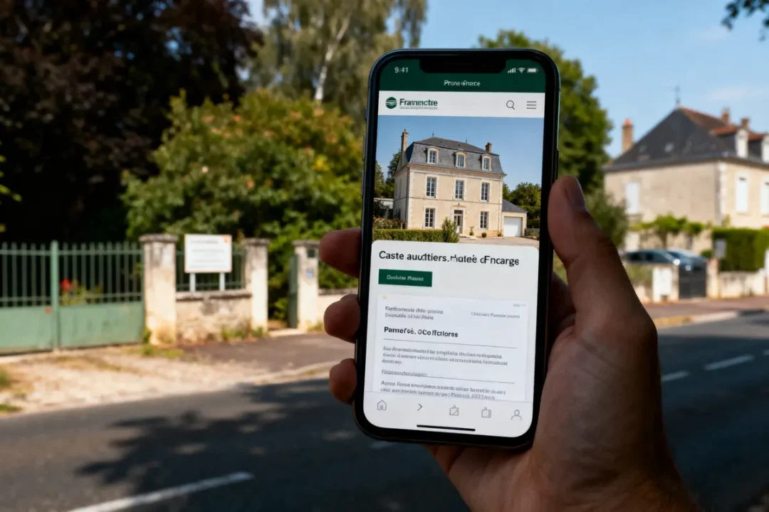 Main tenant un smartphone affichant une maison, prise devant une allée et un portail vert.