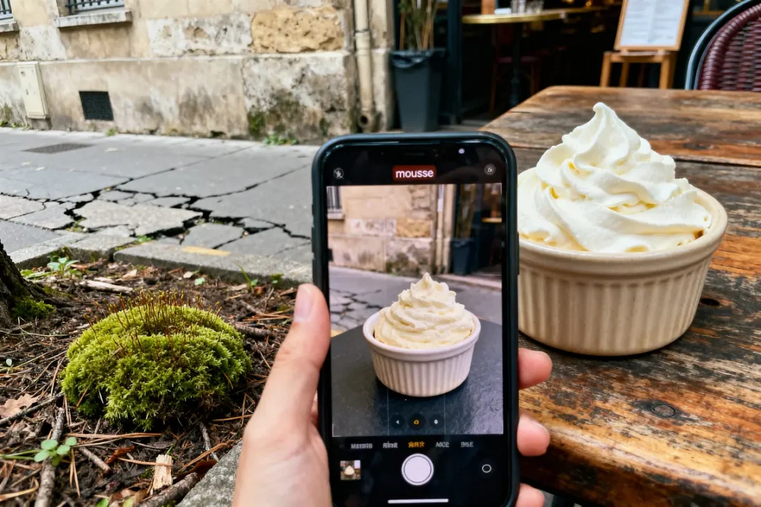 Main tenant un téléphone photographiant une tasse de crème fouettée devant un café en extérieur.
