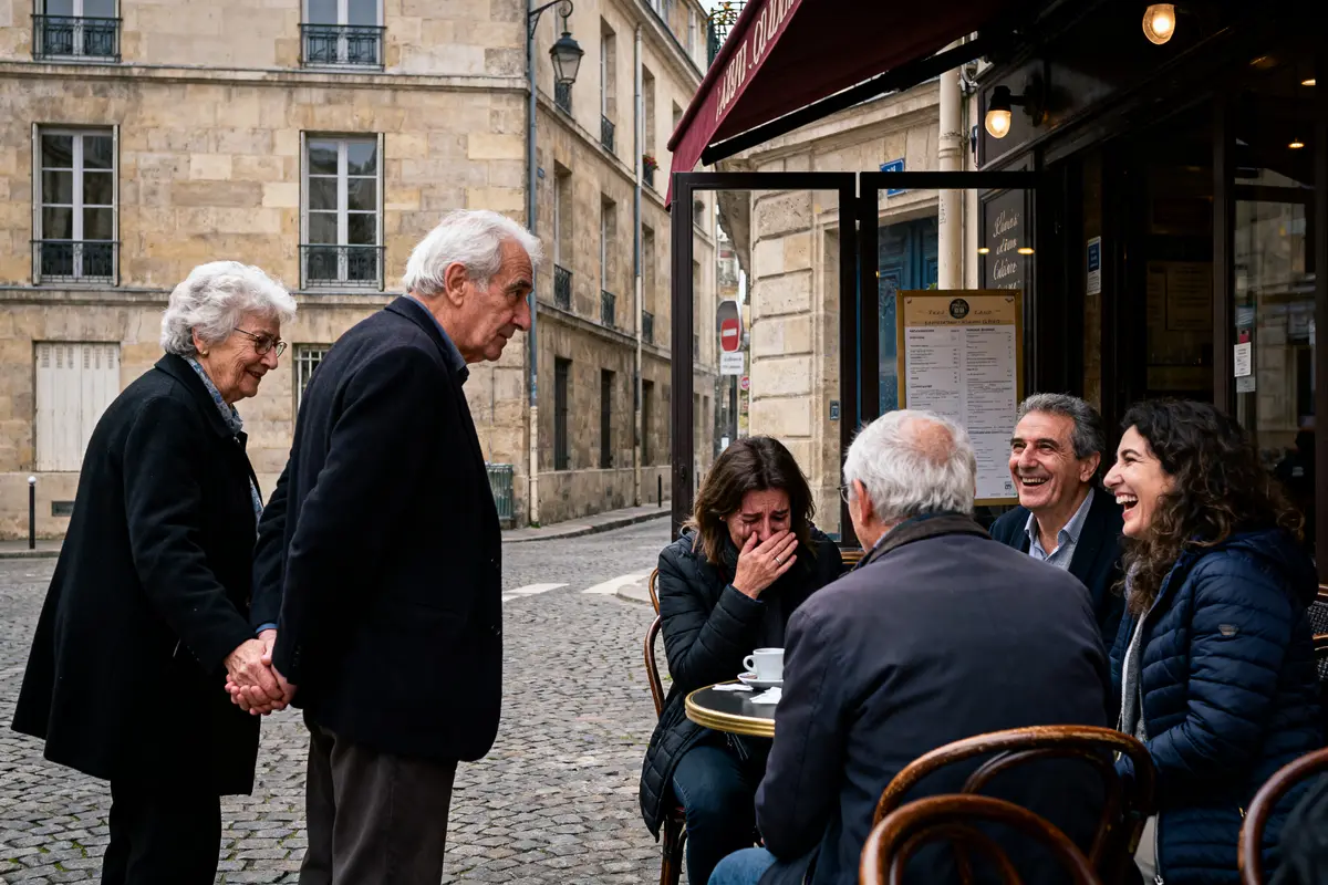 Un groupe de personnes âgées riant et discutant à l'extérieur d'un café parisien sur une rue pavée.