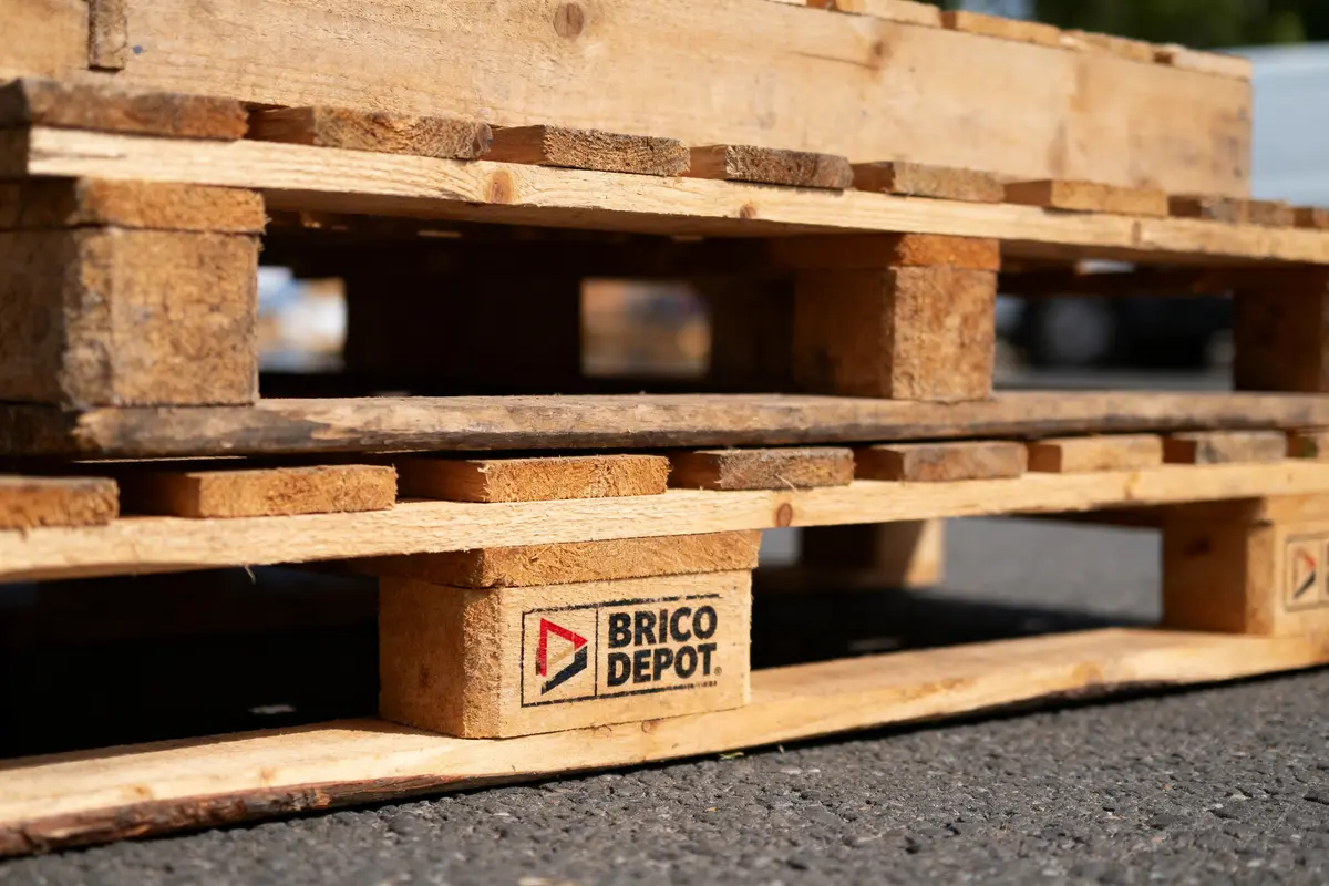 Empilement de palettes en bois avec logo Brico Dépôt, sur sol asphalté.