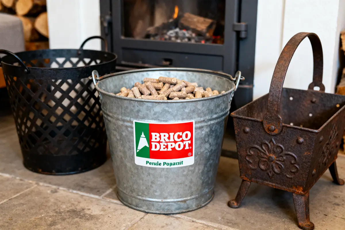 Trois seaux pour pellets près d'un poêle à bois, dont un étiqueté Brico Dépôt, sur un sol de carrelage.