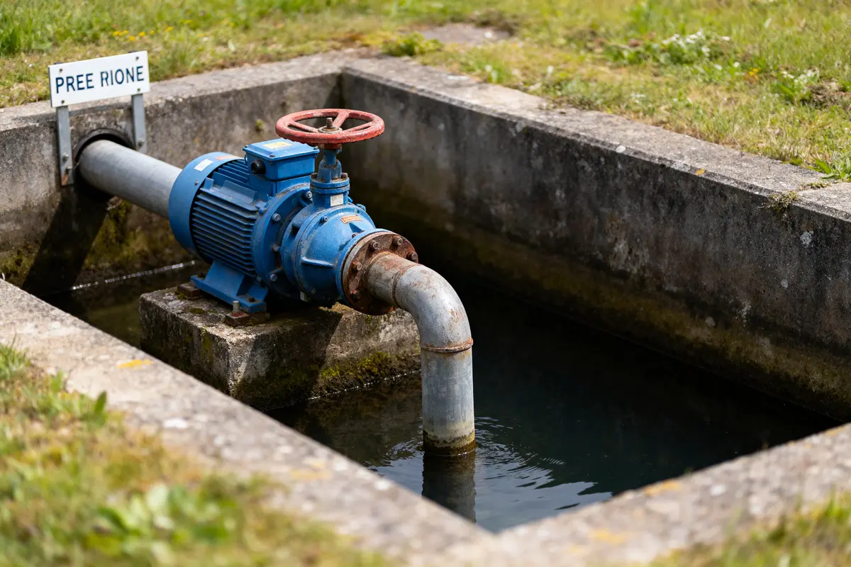 Pompe à eau bleue avec tuyauterie rouillée, située dans un bassin en béton extérieur, herbe environnante.