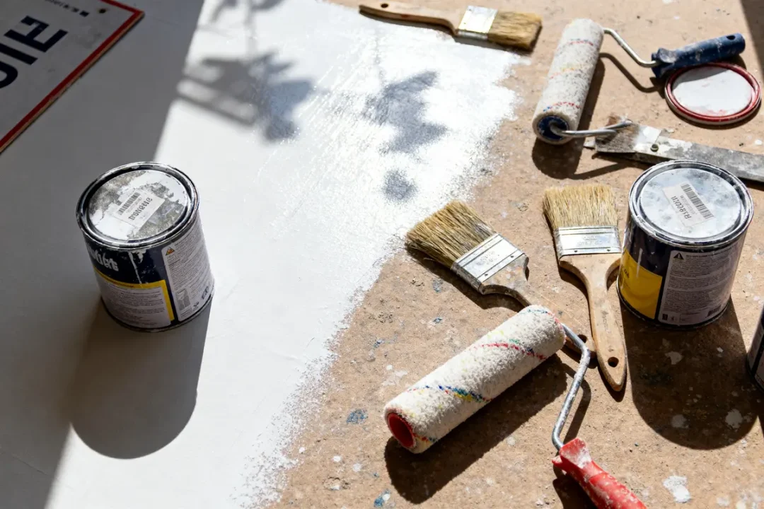 Pots de peinture, pinceaux et rouleaux sur surface protégée pour travaux de peinture en lumière naturelle.