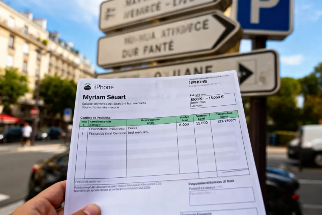 Facture fictive "iPhone" tenue en main, panneau de signalisation flou en arrière-plan.