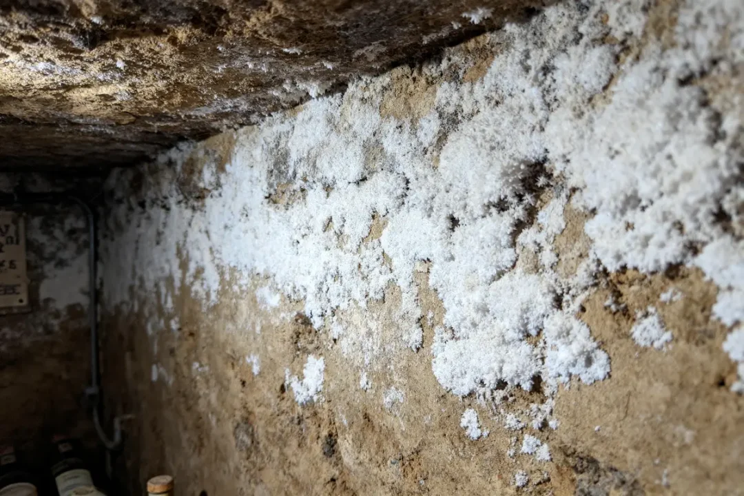 Mur de cave recouvert de salpêtre blanc et moisi, avec quelques bouteilles visibles en bas.