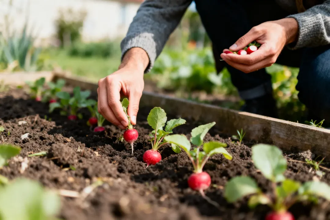 Personne récoltant des radis rouges dans un potager. Sol fertile, feuilles vertes, ambiance jardinage.