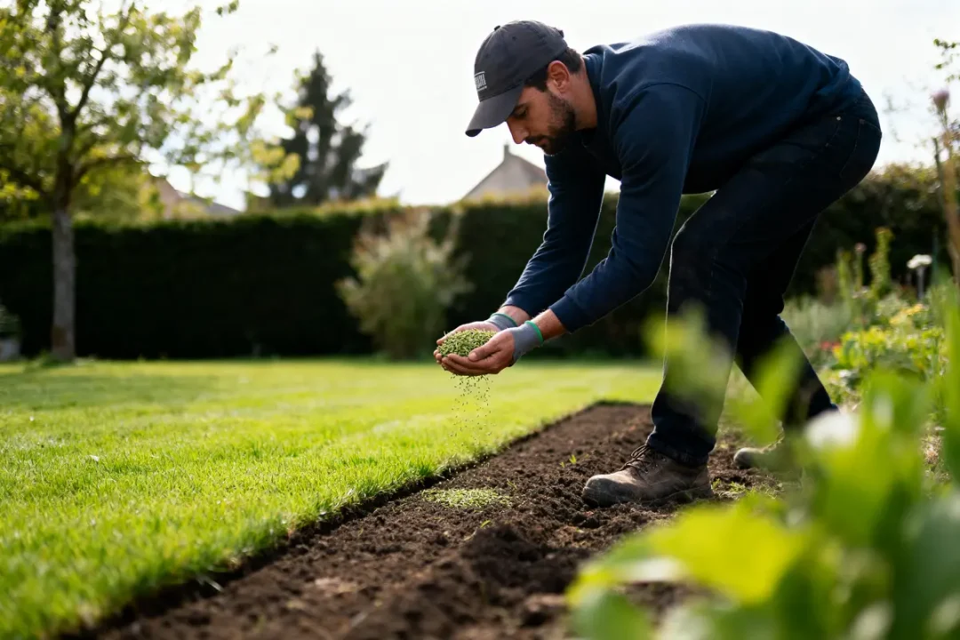 Homme plantant des graines sur une pelouse verte, portant une casquette et un pull, en plein air.