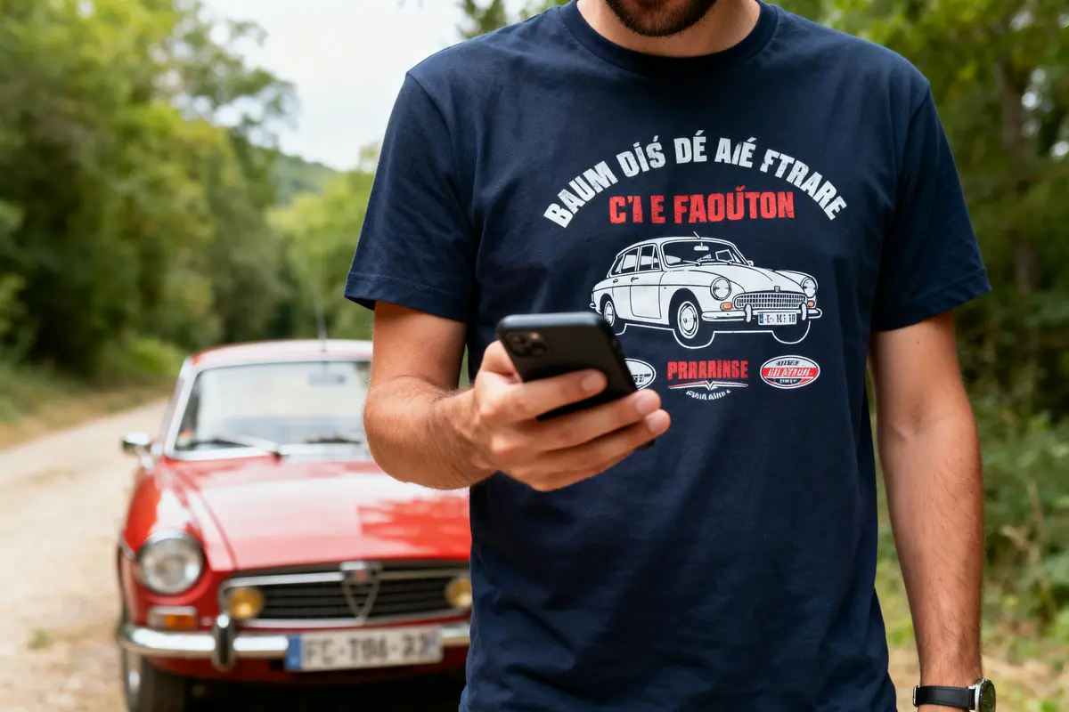 Homme vêtu d'un t-shirt avec voiture vintage, tenant un smartphone devant une voiture rouge ancienne.