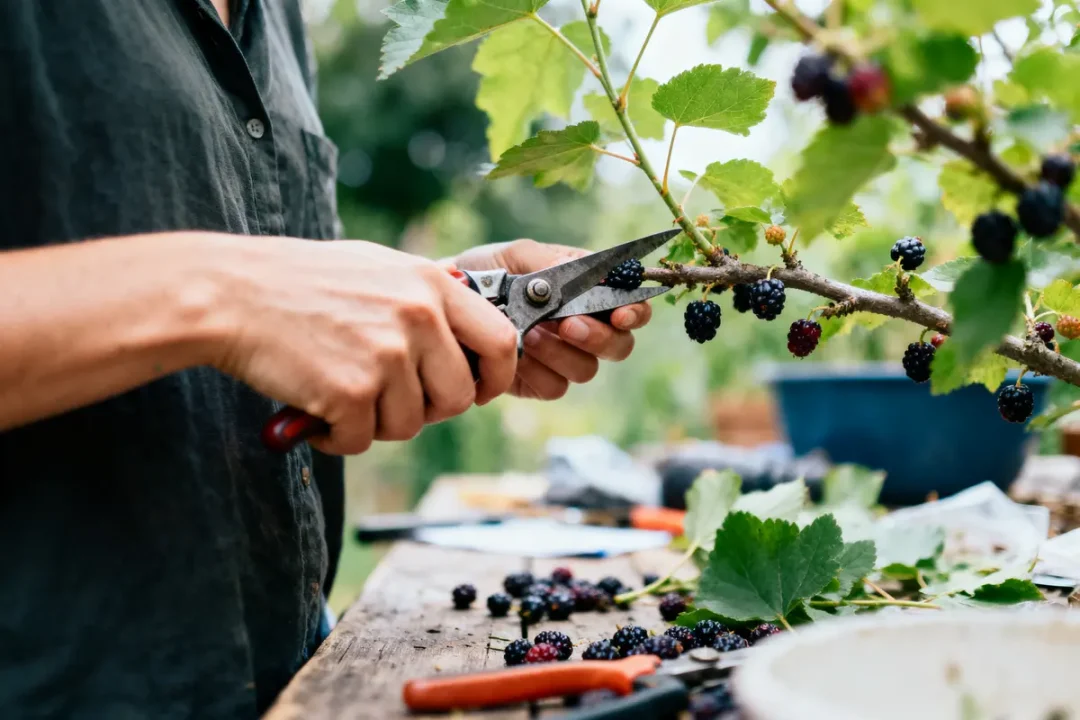 Personne coupant des mûres avec des ciseaux de jardinage, table bois, feuilles vertes, arrière-plan flou extérieur.