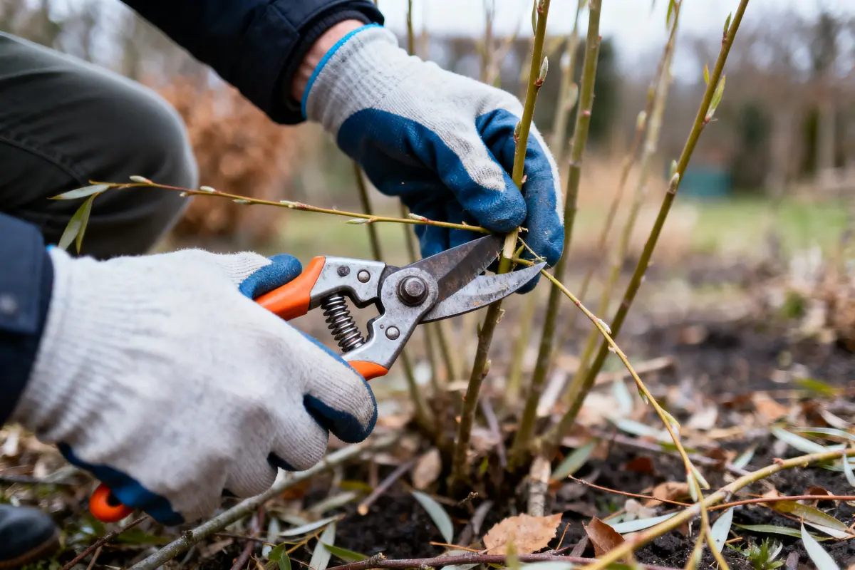 Personne utilisant un sécateur pour tailler une plante, portant des gants de jardinage.