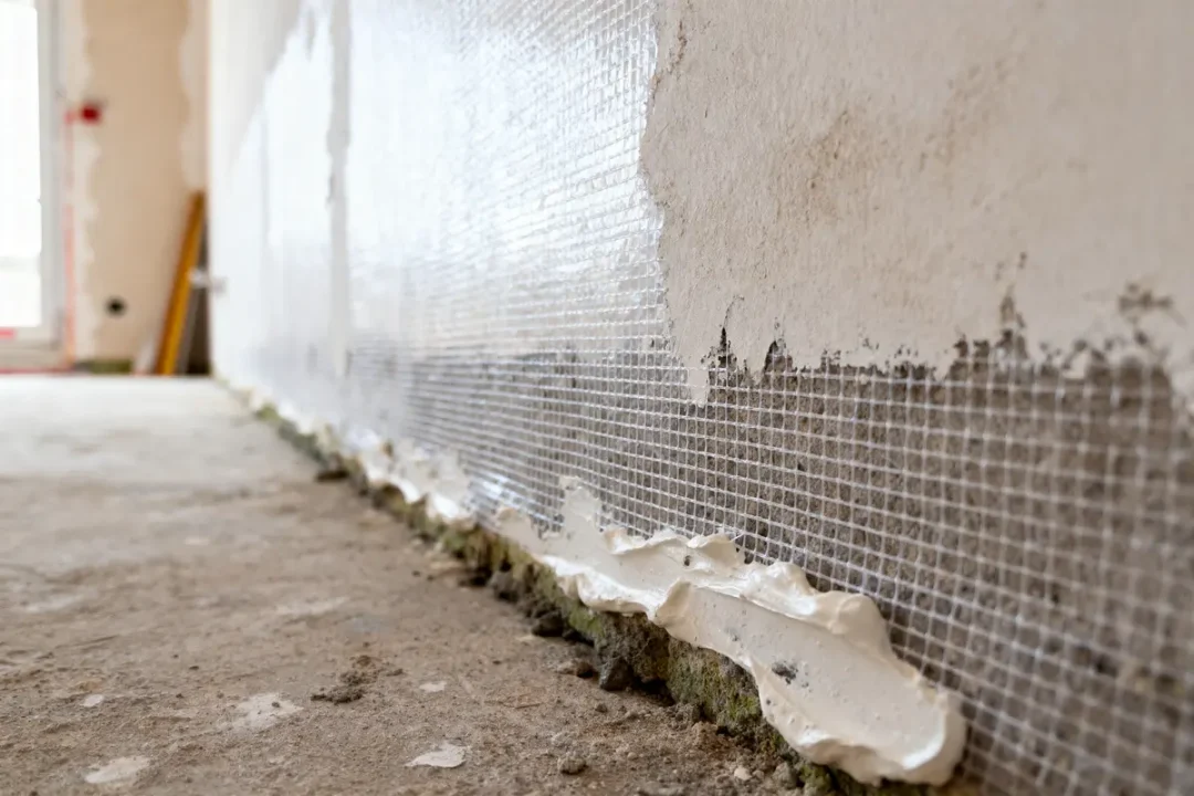 Mur en rénovation avec enduit appliqué, filet visible, sol poussiéreux, lumière naturelle en arrière-plan.