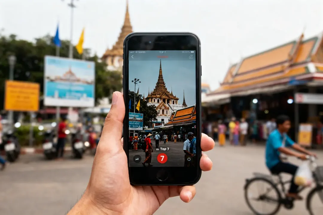 Main tenant un smartphone, affichant un temple asiatique, cycliste flou en arrière-plan.