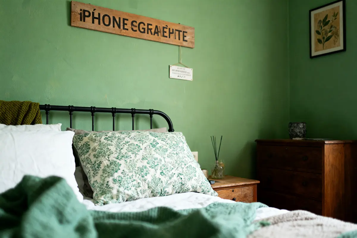 Lit avec coussins à motifs, mur vert, cadre végétal, panneau de bois insolite au-dessus, chambre apaisante.