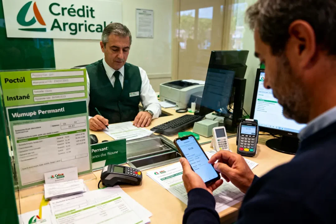 Banquier Crédit Agricole aidant un client avec transactions bancaires en utilisant un smartphone et un ordinateur.