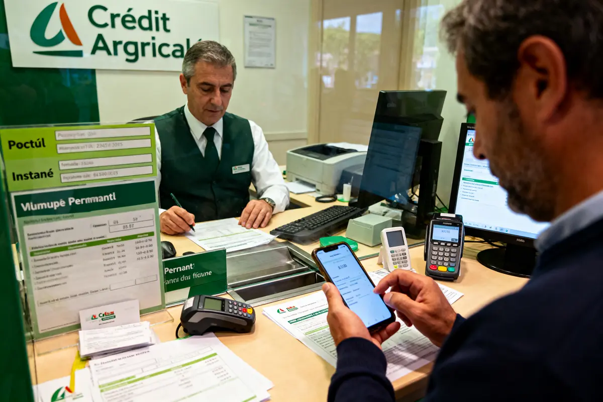Banquier Crédit Agricole aidant un client avec transactions bancaires en utilisant un smartphone et un ordinateur.