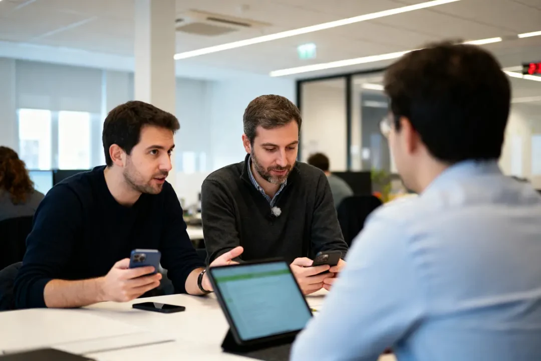 Quatre personnes discutant ensemble dans un bureau, avec des téléphones et un ordinateur portable.