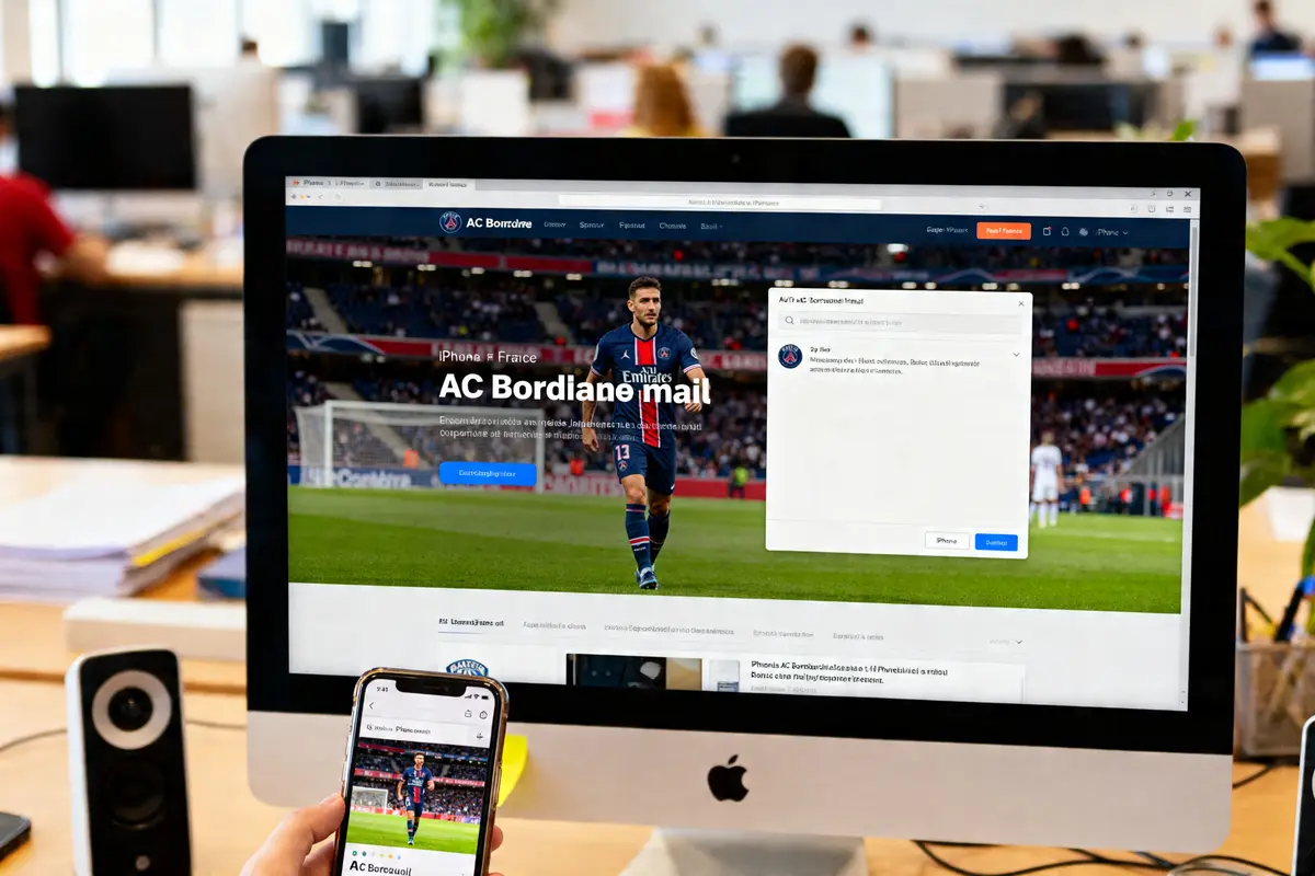 Écran d'ordinateur affichant AC Bordeaux mail avec un joueur de football en arrière-plan