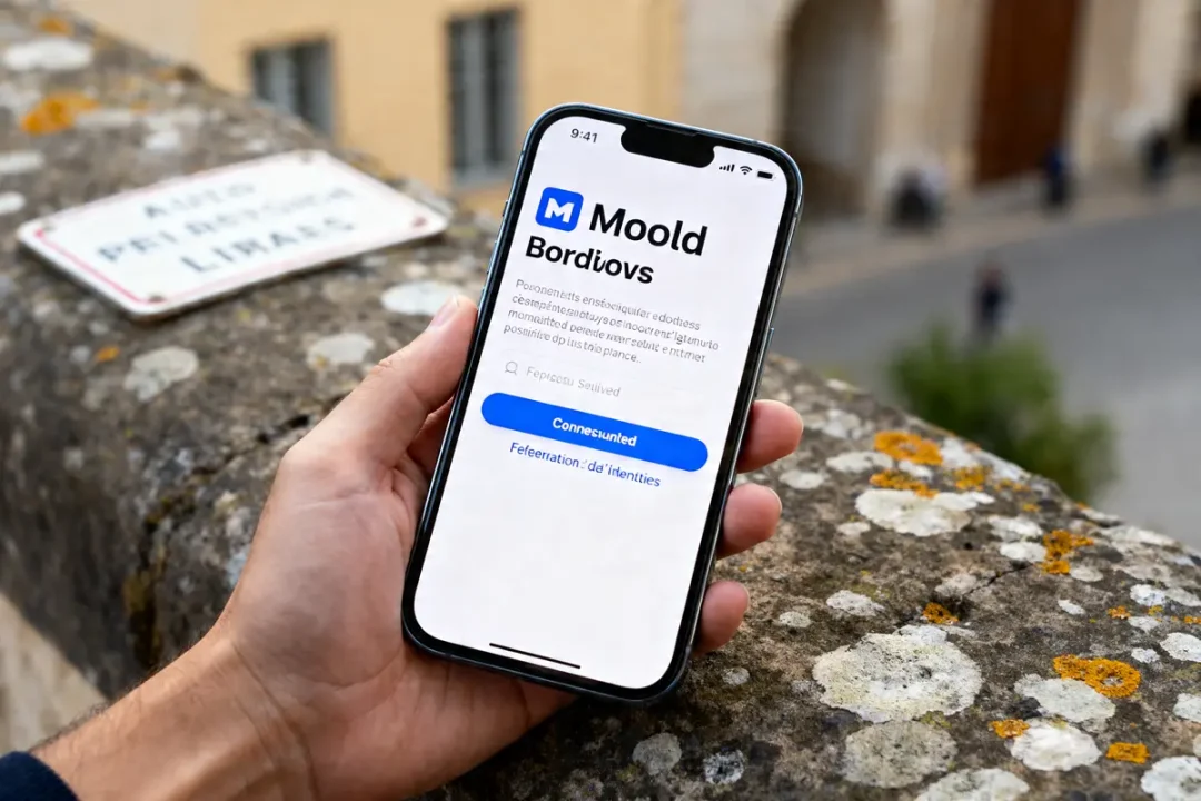 Smartphone affichant l'application Moodle Bordeaux tenu par une main sur fond urbain flou