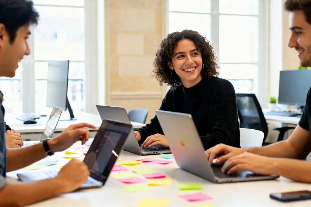 Des étudiants collaborent sur un projet en alternance marketing Bordeaux Nexa avec ordinateurs portables