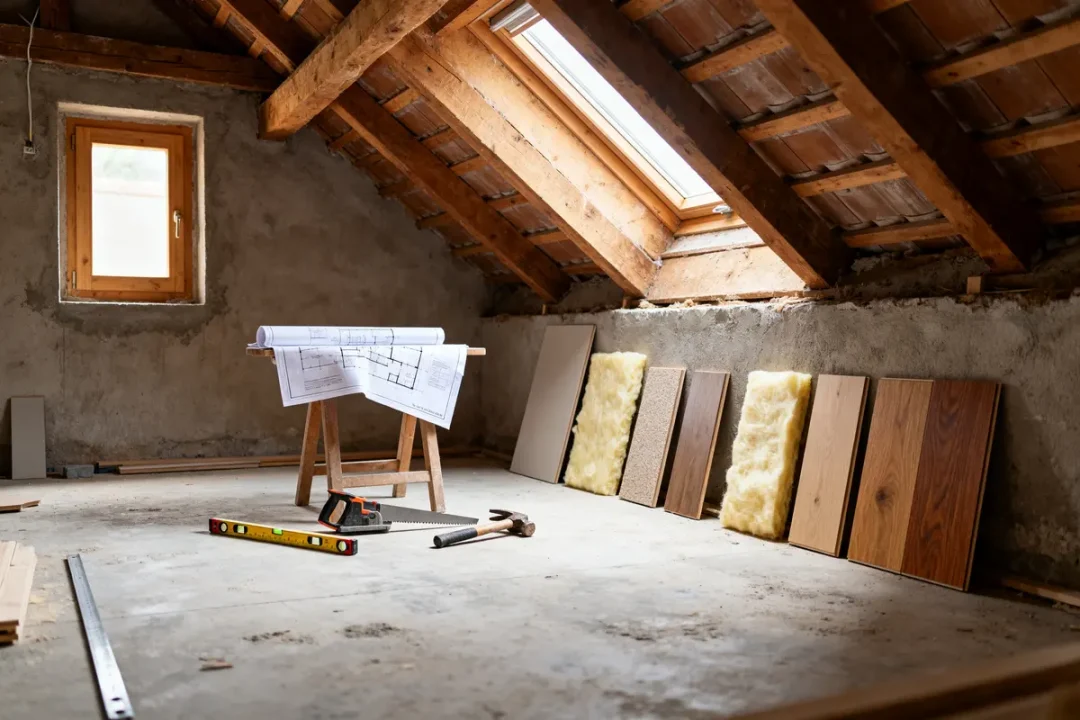 Aménager des combles perdues avec outils, plans et matériaux sous une fenêtre de toit boisée