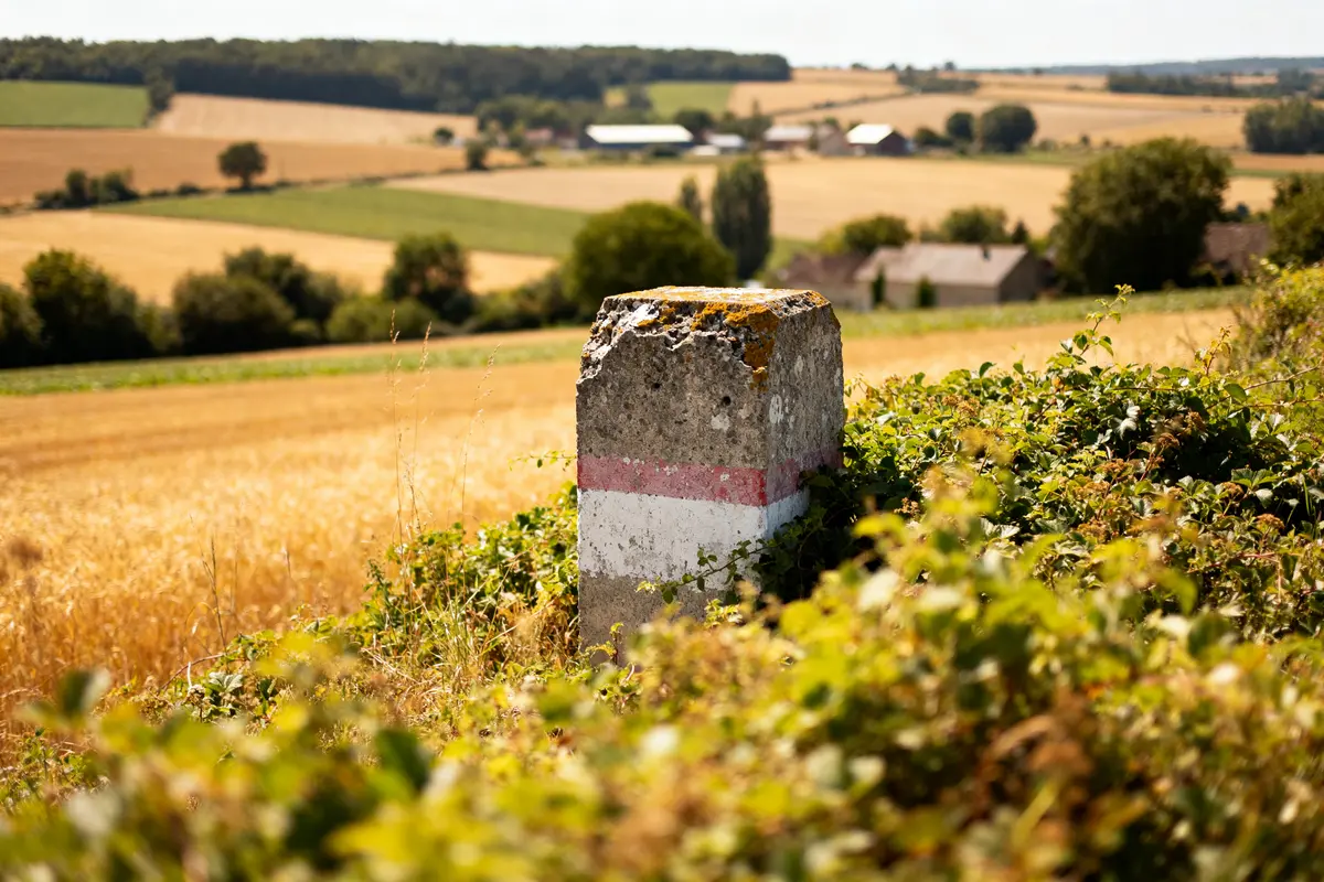 Borne en béton marquant le bornage d'un terrain de plus de 30 ans en campagne